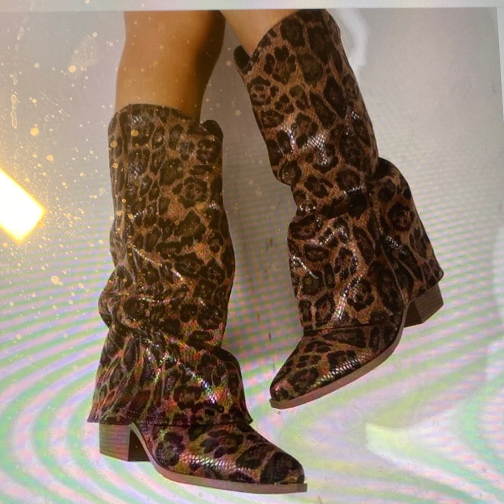 SHEIN Brown & Black Stacked Heel Tall Shaft Leopard Print Women's Boots - NWOT - Picture 2 of 12